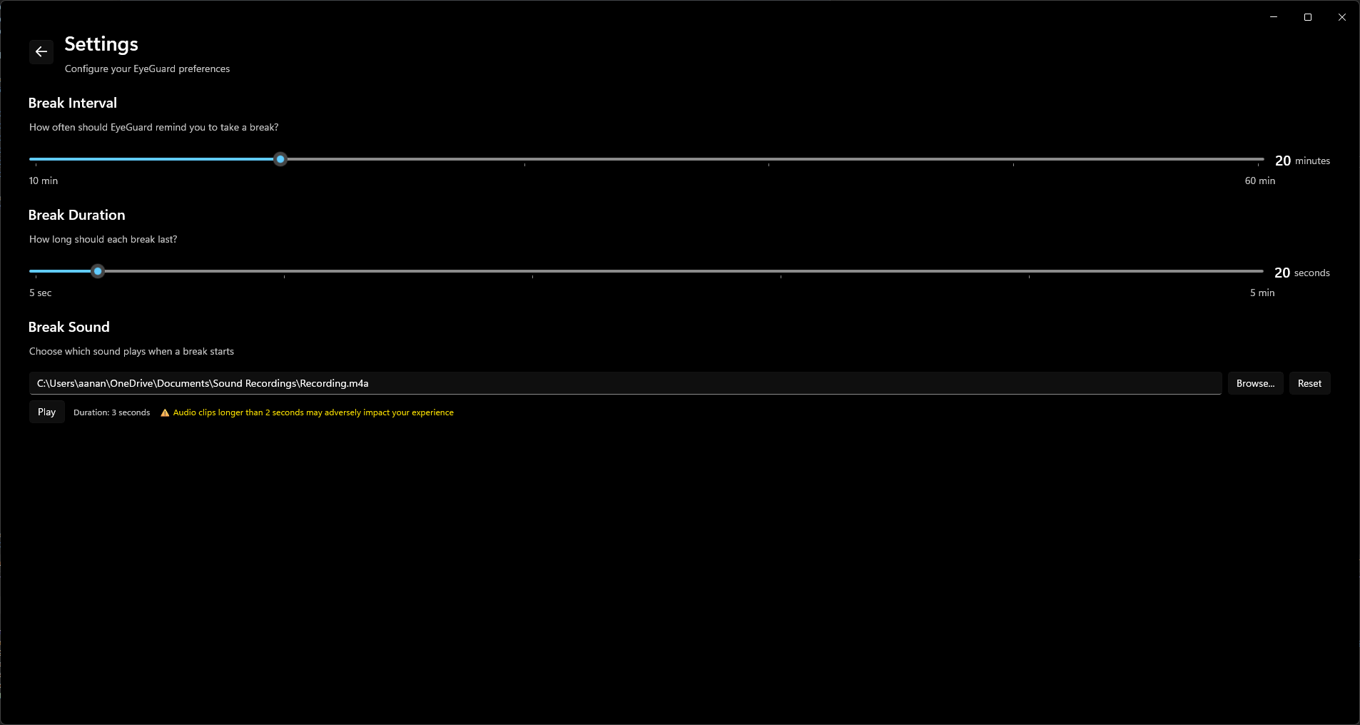 Settings page showing customizable break interval, duration, and sound options
